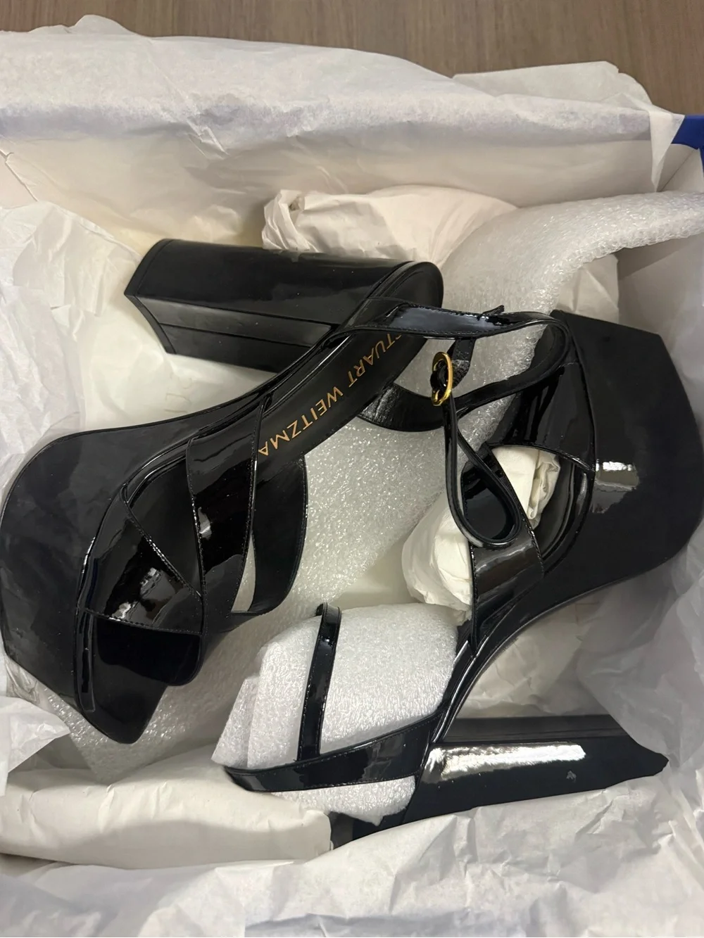 Stuart Weitzman Miami Black Patent Platform Sandal with Gold Buckle